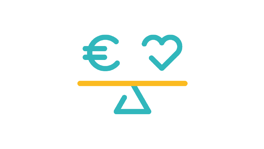 Ein Icon mit einer Waage. Auf der einen Seite befindet sich das Euro-Zeichen, auf der anderen Seite ist ein Herz. Das Icon soll die Work-Life-Balance symbolisieren. 