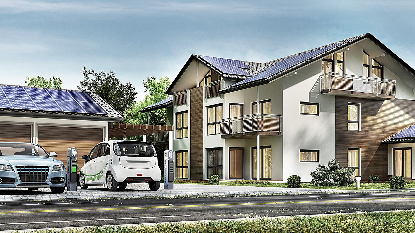 Modellansicht eines energieeffizienten Einfamilienhauses mit Solardach und PV-Carport mit E-Ladestationen vor dem Haus.