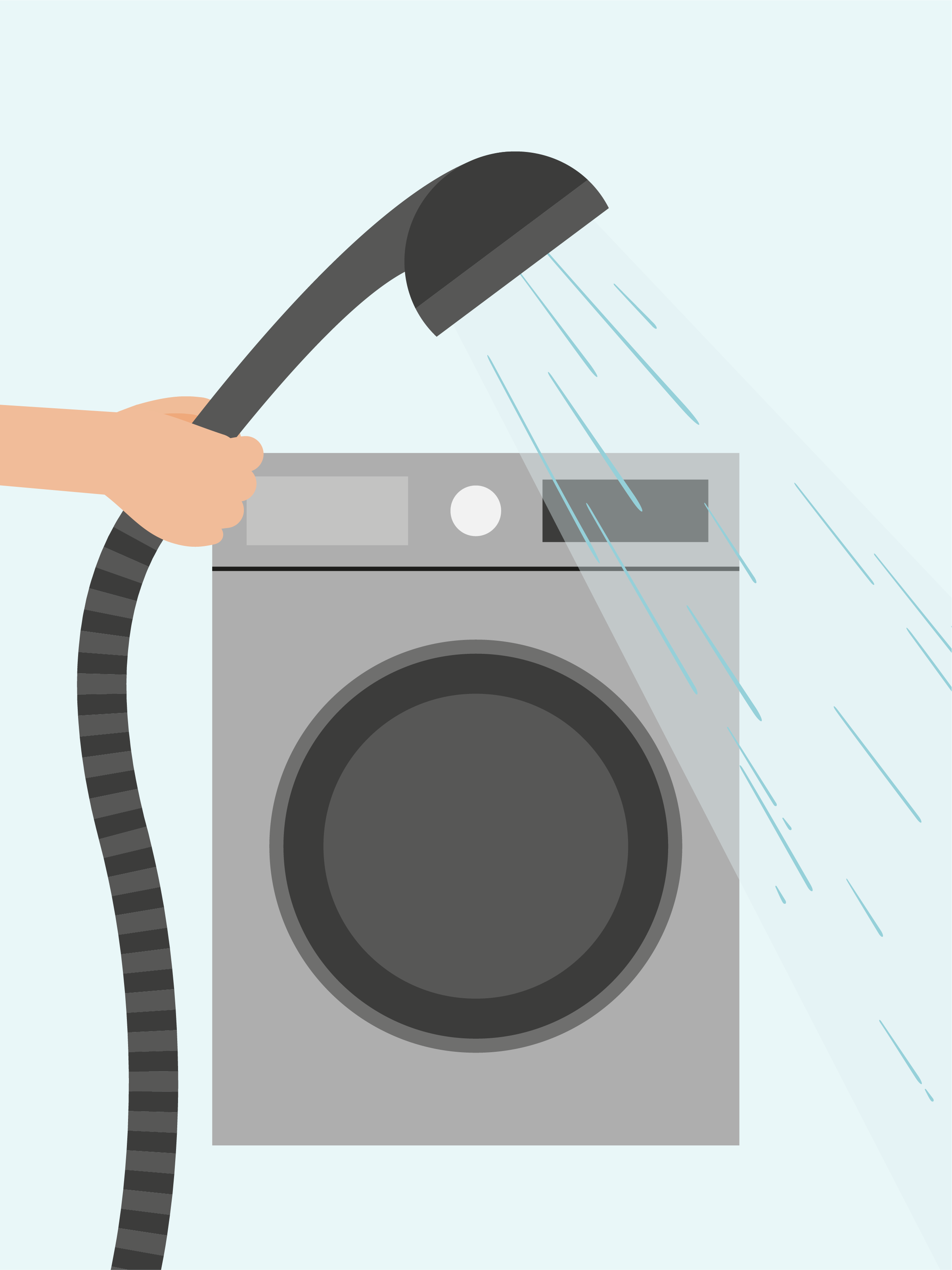 Ein Bild mit einer Waschmaschine im Hintergrund. Im Vordergrund ist eine Hand, die einen Duschkopf hält, aus dem gerade Wasser läuft. Beim Waschen lässt sich durch einen wassersparenden Duschkopf und Waschen bei geringen Temperaturen Energie und Wasser einsparen. 