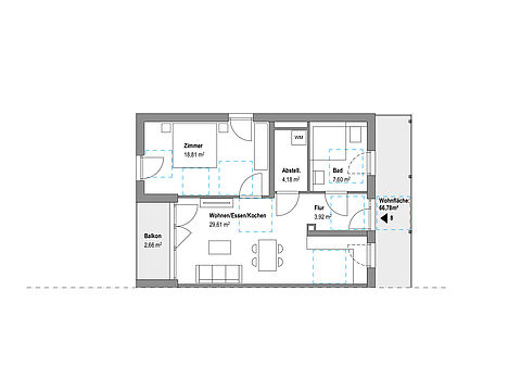 Grundriss einer 2-Zimmer-Wohnung mit beschrifteten Räumen