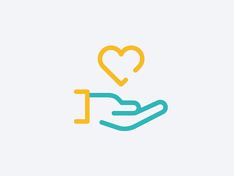 Zu sehen ist eine nach oben geöffnete Hand über der ein Herz schwebt. 