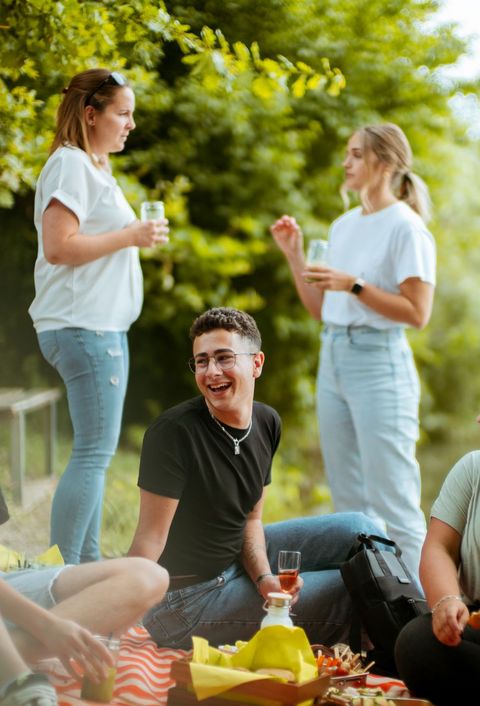 Das Bild zeigt mehrere Menschen bei einem Picknick. Im Hintergrund ist ein See zu sehen. Zwei Menschen stehen, drei sitzen auf einer Decke auf dem Boden und unterhalten sich. 