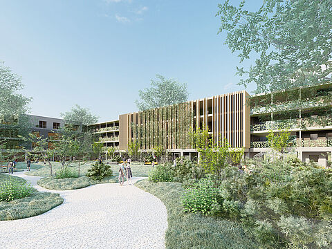 Moderne Wohnanlage mit begrünten Wegen und Fassaden, umgeben von Bäumen und Sträuchern.