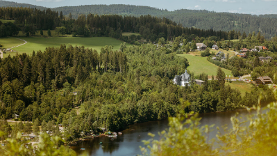 Blick über einen Fluss auf eine grüne, bewaldete Landschaft mit Wiesen, einzelnen Häusern und Hügeln im Hintergrund.