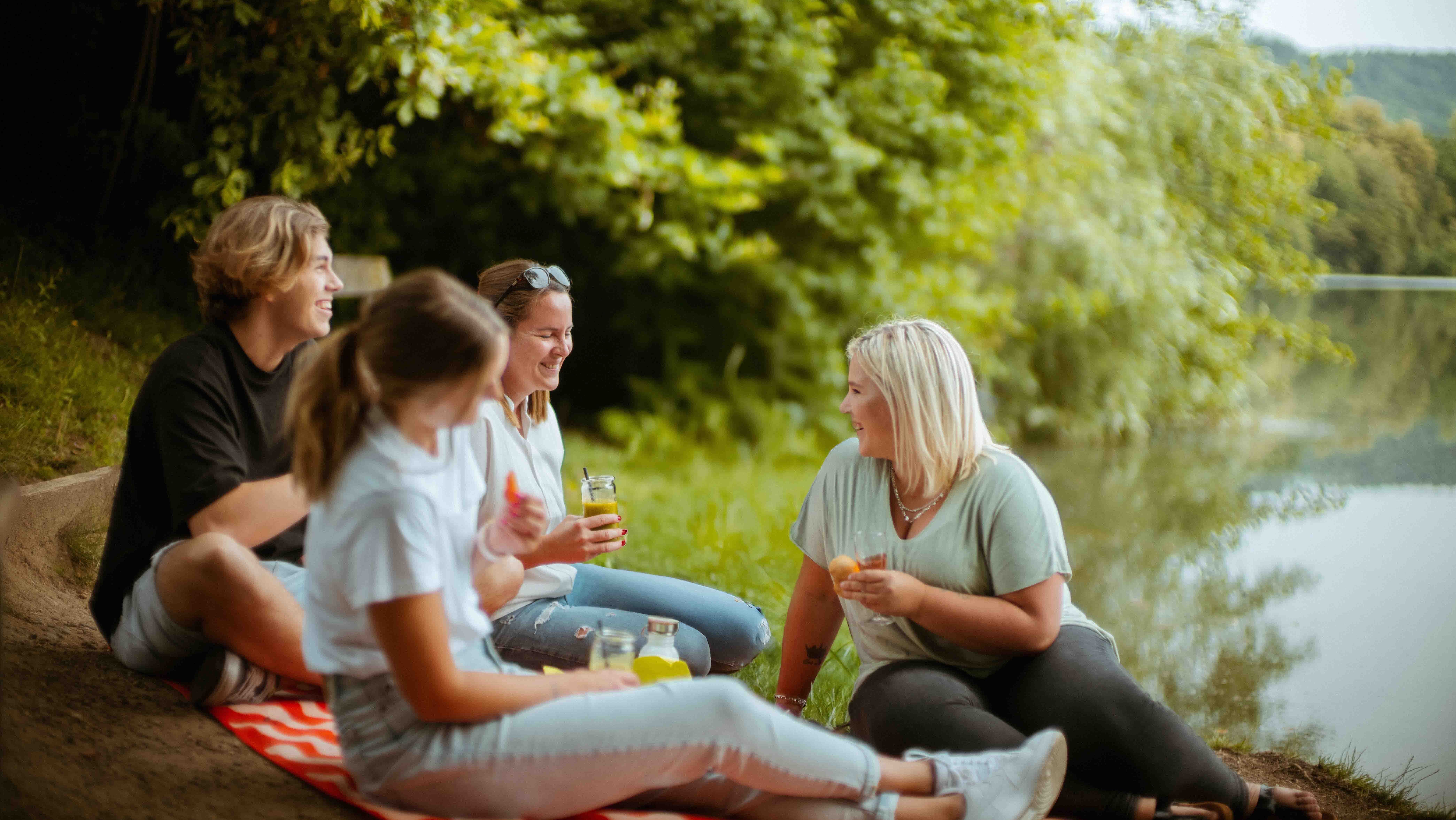 Das Bild zeigt mehrere Menschen bei einem Picknick. Im Hintergrund ist ein See zu sehen. Sie sitzen auf einer Decke auf dem Boden und unterhalten sich. 