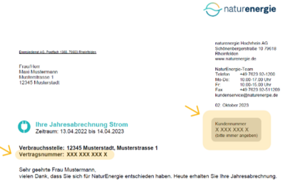 Screenshot einer Kundenrechnung, aus der die Platzierung der Kundendaten ersichtlich wird.