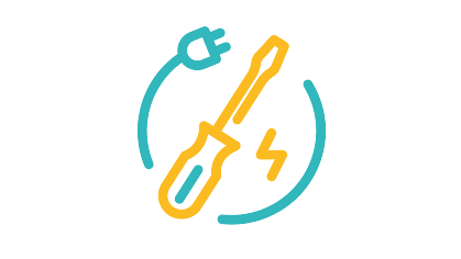 Das Bild zeigt einen Schraubendreher, der von einem Stromkabel umringt wird. Neben dem Schraubendreher befindet sich noch ein kleiner Blitz um Elektrizität zu verdeutlichen. Das Icon ist ein Symbol für Elektrizität bzw. Elektronik
