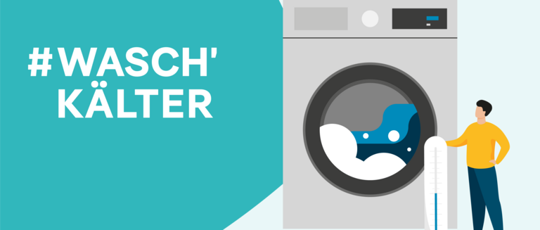 Ein Bild einer Waschmaschine im Hintergrund. Im Vordergrund ein Mensch, der einen Thermometer hält. Links daneben steht der Text "#Wasch' kälter". Dieses Bild verdeutlicht, dass auch mit geringeren Temperaturen ein gutes Waschergebnis erzielt werden kann und nicht alles bei hohen Temperaturen gewaschen werden muss. 