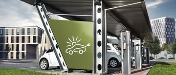 Modellansicht eines Parkplatz mit E-Autos, die an Ladestationen mit Strom betankt werden unter einem PV-Carport 