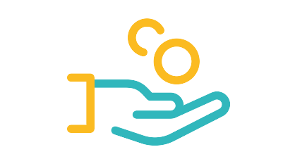 Ein Icon mit einer nach oben geöffneten Hand, darüber zwei Kreise, die Münzen darstellen. Dieses Icon steht symbolisch für Fördergelder und Fördermaßnahmen.