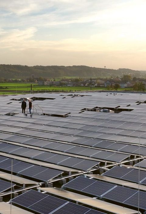 Große Solaranlage von naturenergie in Neuendorf, bestehend aus zahlreichen Solarpaneelen, die sich über eine weite Fläche erstrecken. Im Hintergrund sind grüne Felder und Hügel unter einem bewölkten Himmel zu sehen