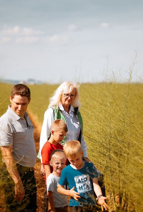 Fünf Personen gehen auf einem Pfad durch ein bewachsenes Feld