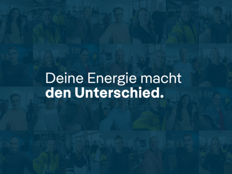 Collage aus Arbeitsszenen mit blauem Overlay und dem Text „Deine Energie macht den Unterschied.“