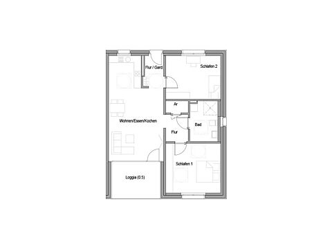 Grundriss einer Wohnung mit zwei Schlafzimmern, offenem Wohnbereich und Loggia.