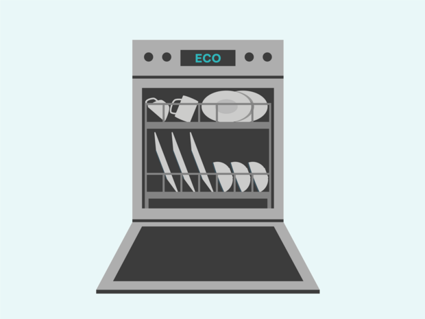 Ein Bild einer geöffneten Spülmaschine. In der Spülmaschine befinden sich diverse Küchenutensilien wie Teller und Schüsseln. Es sollte darauf geachtet werden, dass die Spülmaschine immer gut vollgeladen wird um eine hohe Energieeffizienz zu erreichen. 