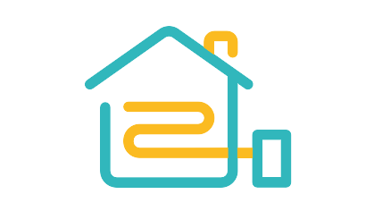 Ein Icon mit einem Haus. Durch das Haus verläuft eine geschwungene Linie, die zu einem Rechteck außerhalb des Hauses führt. Das Icon steht für eine Wärmepumpe. 