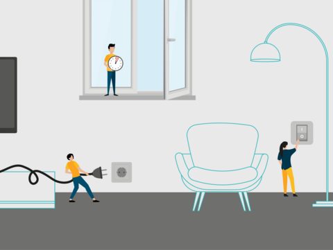 Plattform Ein Bild eines Raumes, in dem sich vier Menschen befinden. Ein Mensch, der gerade das Fenster für das Stoßlüften geöffnet hat, ein Mensch, der ein Stecker aus der Steckdose zieht, ein Mensch, der einen Schalter betätigt und ein Mensch, der die Heizung herunterdreht. Diese Möglichkeiten sind bestens geeignet um einfach und schnell Energie einzusparen.