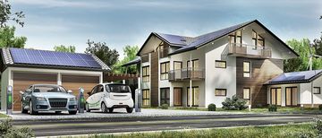 Modellansicht eines energieeffizienten Einfamilienhauses mit Solardach und PV-Carport mit E-Ladestationen vor dem Haus.