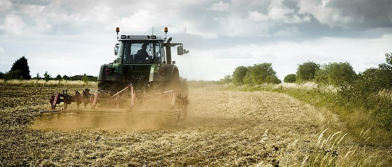 Ein Traktor aus der Landwirtschaft mit Pflug bei der Feldarbeit bei schönem Wetter.