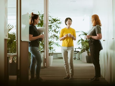 Das Bild zeigt drei Personen, die sich unterhalten. Die Personen stehen in einem Büro im Hintergrund sind Schreibtische und Pflanzen zu sehen. 