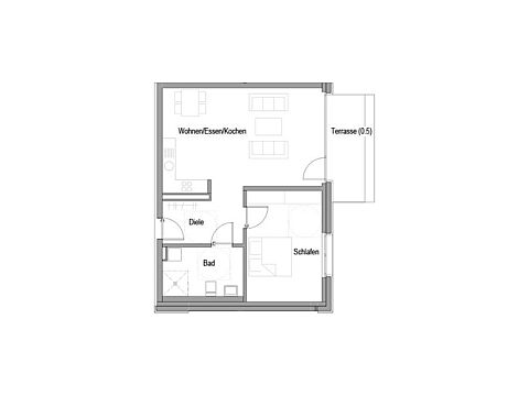 Grundriss einer Wohnung mit Schlafzimmer, offenem Wohnbereich und Terrasse.