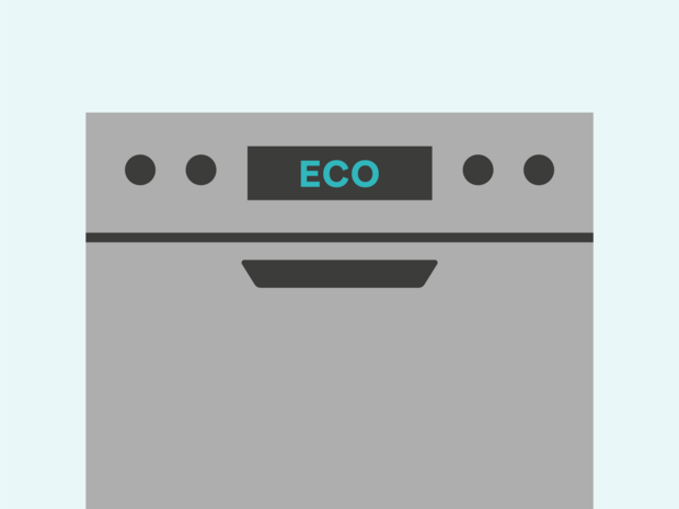 Ein Bild einer Spülmaschine auf dessen Display das Wort "ECO" geschrieben ist. Durch die Nutzung des Energiesparprogramms kann im Haushalt jede Menge Energie eingespart werden. 