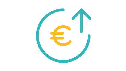 Ein Icon mit einem in der rechten oberen Ecke geöffneten Kreis, in dessen Mitte ein Euro-Zeichen abgebildet ist. In der Kreisöffnung befindet sich ein Pfeil, der nach oben gerichtet ist. Das Icon steht symbolisch dafür, dass Kosten steigen. .