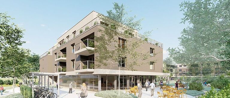 Modernes Wohnhaus mit Balkonen und begrüntem Außenbereich.