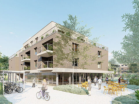 Modernes Wohngebäude mit Balkonen und Terrasse, umgeben von Grünflächen und Sitzbereichen.