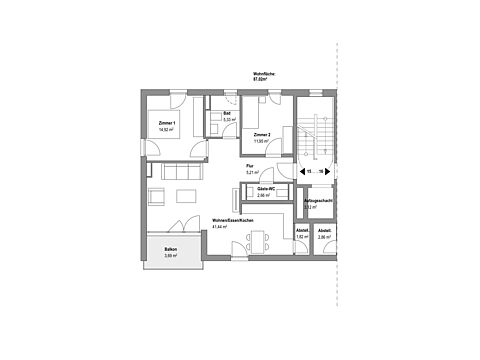 Grundriss einer 3-Zimmer-Wohnung mit beschrifteten Räumen
