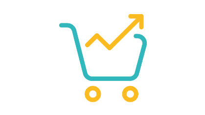 Ein Icon mit einem Einkaufswagen, in dessen Mitte ein Liniendiagramm eingezeichnet ist. Der Pfeil des Liniendiagramms zeigt nach oben. Das Icon symbolisiert die Nachfrage der Kunden. 