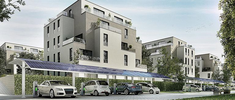 Modellansicht eines Mehrfamilienhauses mit PV-Carport unter dem E-Autos parken, die an Ladestaionen angeschlossen sind. 