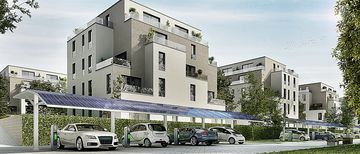 Modellansicht eines Mehrfamilienhauses mit PV-Carport unter dem E-Autos parken, die an Ladestaionen angeschlossen sind. 