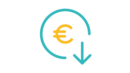 Ein Icon mit einem in der rechten unteren Ecke geöffneten Kreis, in dessen Mitte ein Euro-Zeichen abgebildet ist. In der Kreisöffnung befindet sich ein Pfeil, der nach unten gerichtet ist. Das Icon steht symbolisch dafür, dass Kosten sinken.
