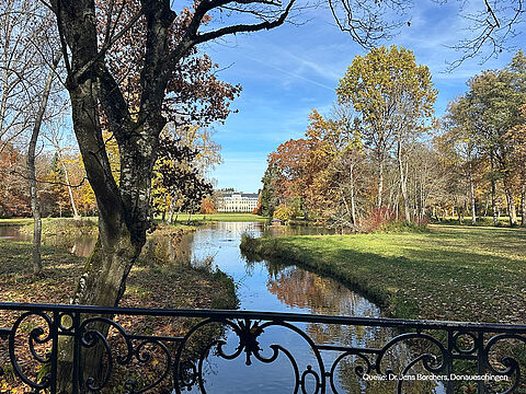 Bach im Schlosspark mit herbstlichen Bäumen und Schloss im Hintergrund.