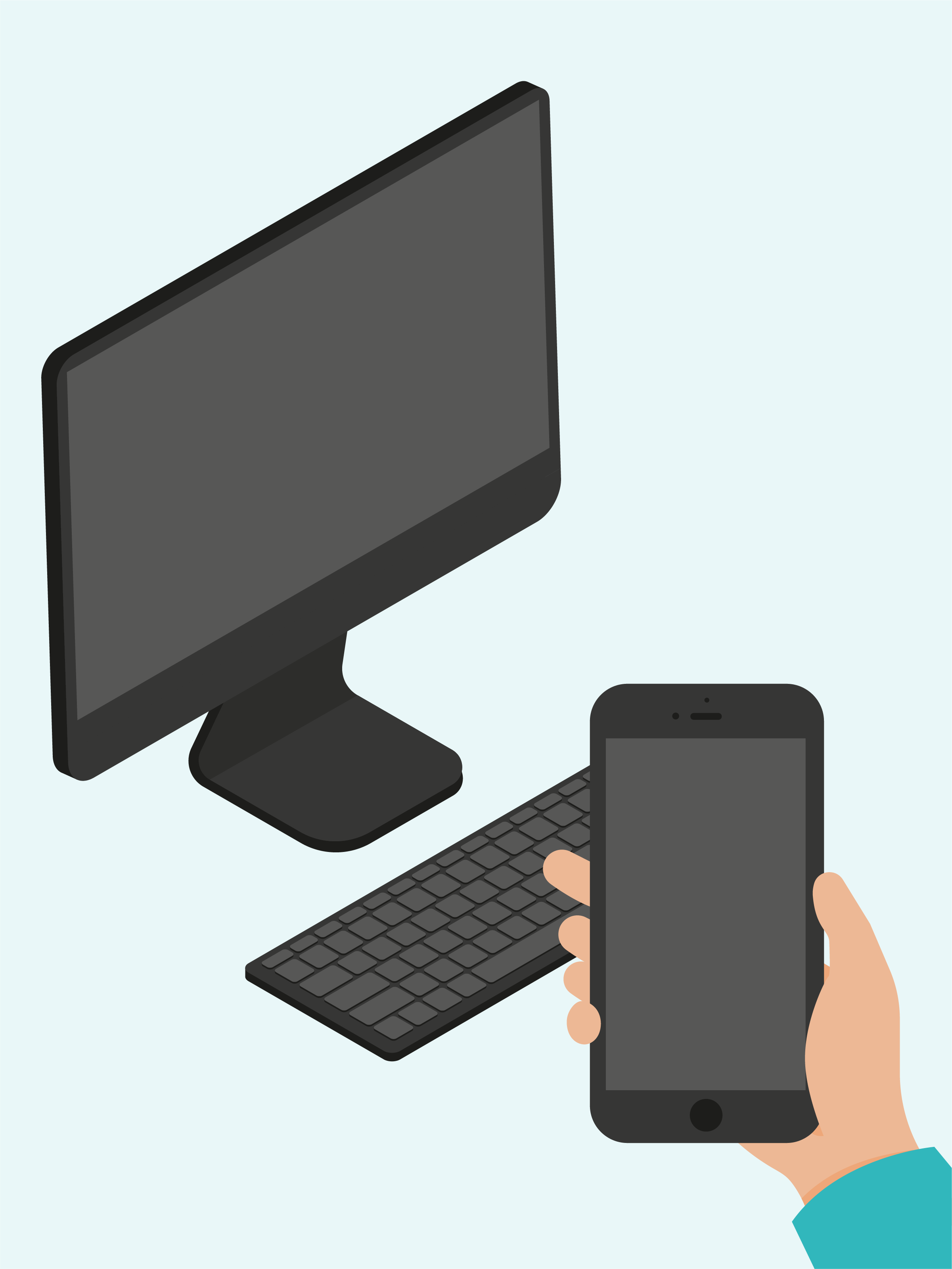 Ein Bild eines Computermonitors und einer Tastatur. Im Vordergrund ist eine Hand zu sehen, die ein Smartphone hält. 